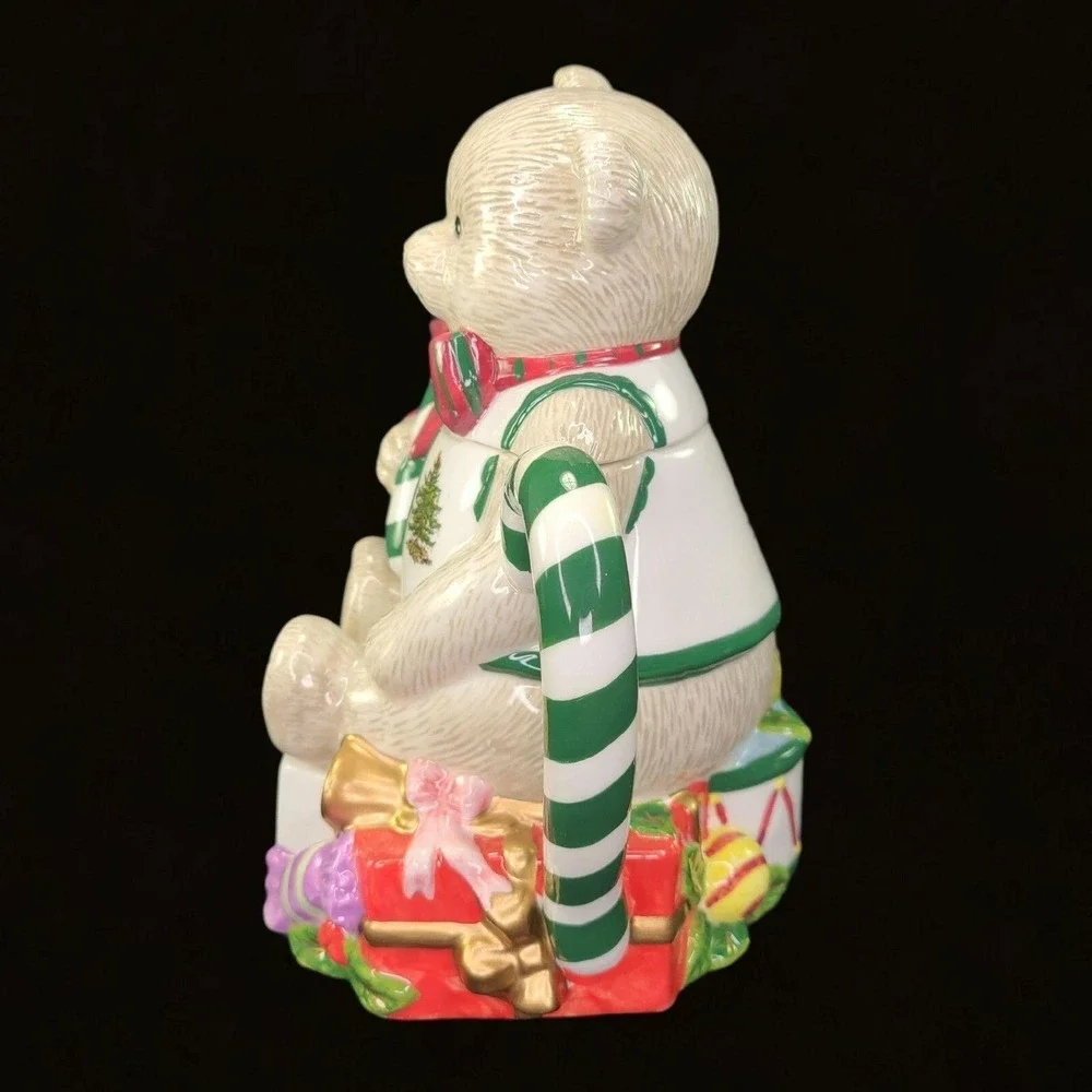 Spode Christmas Tree Green Trim Teddy Bear Tea Pot Teapot With Lid Box Holiday